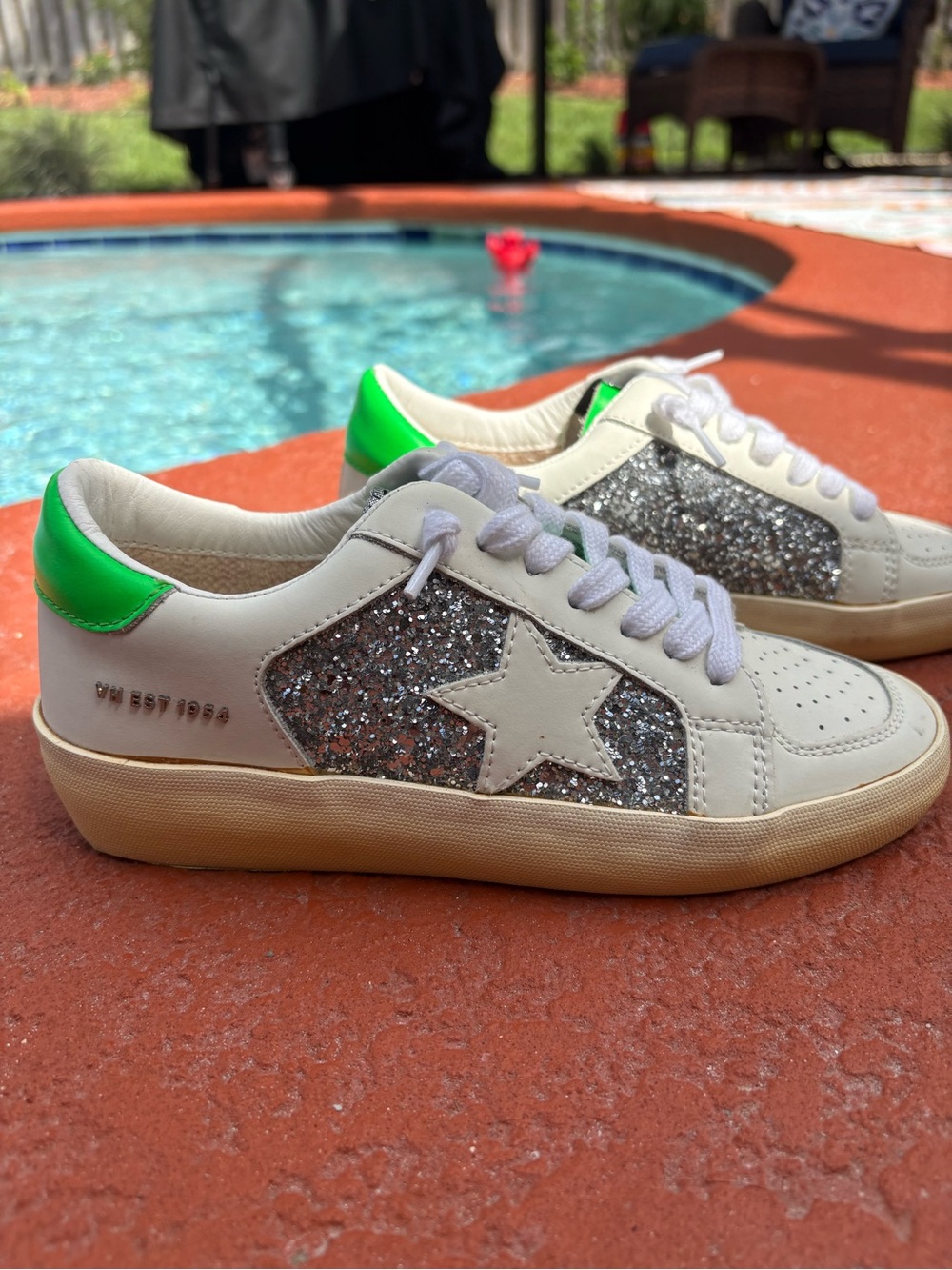 Vintage Havana White Sneakers with Silver Glitter Panels and Green Heel